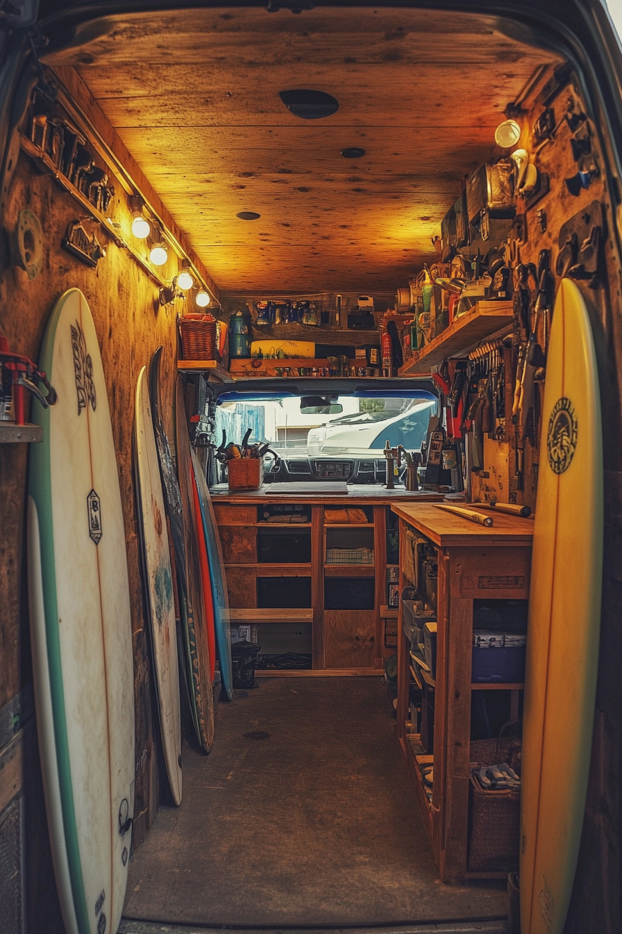 Surf-style van workshop. Wall-lined surfboard repair tools, wax-station with glowing repurposed-wood finish.