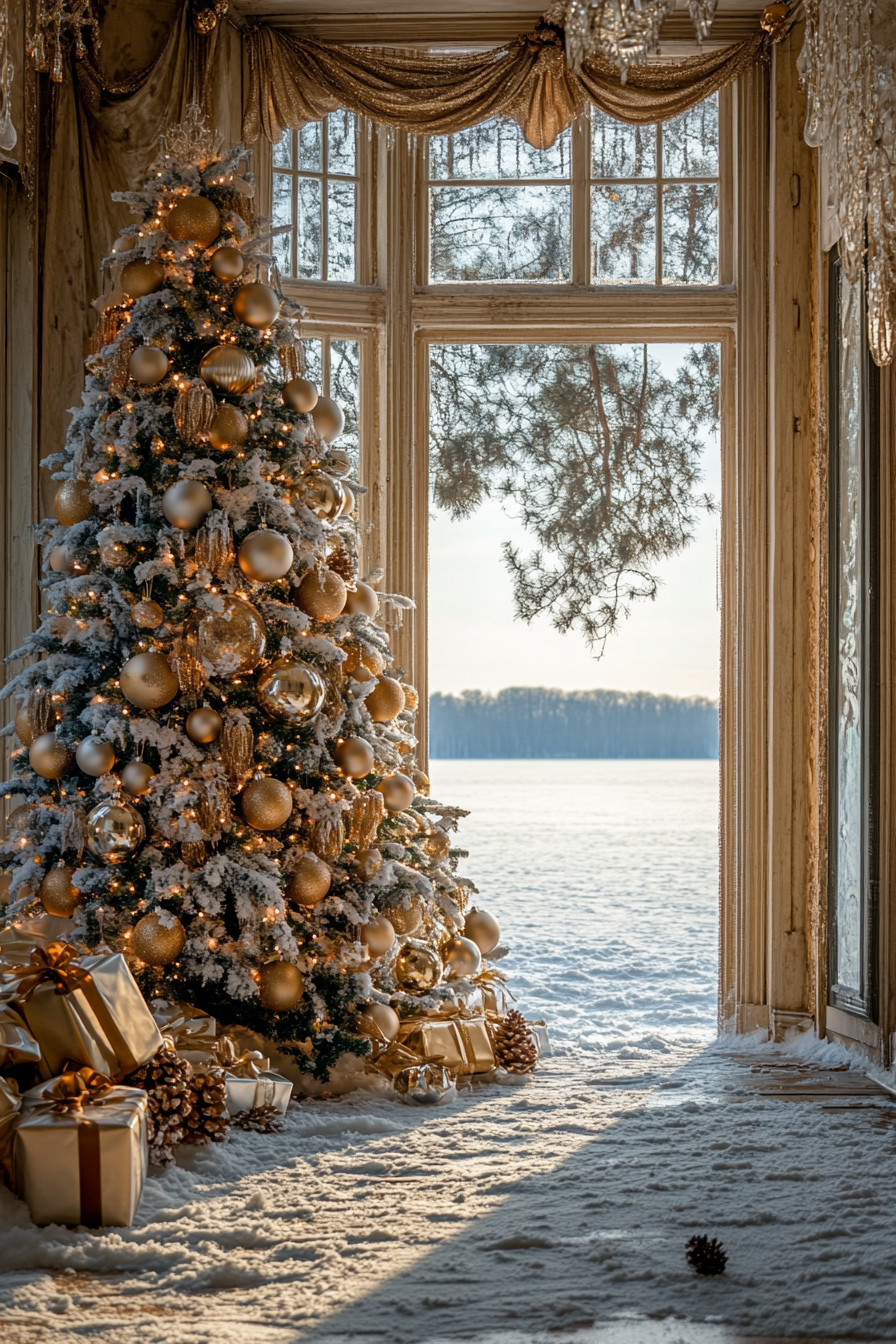 Wide angle view of holiday interior. Classic ornaments, an aluminum tree by a frozen lake.