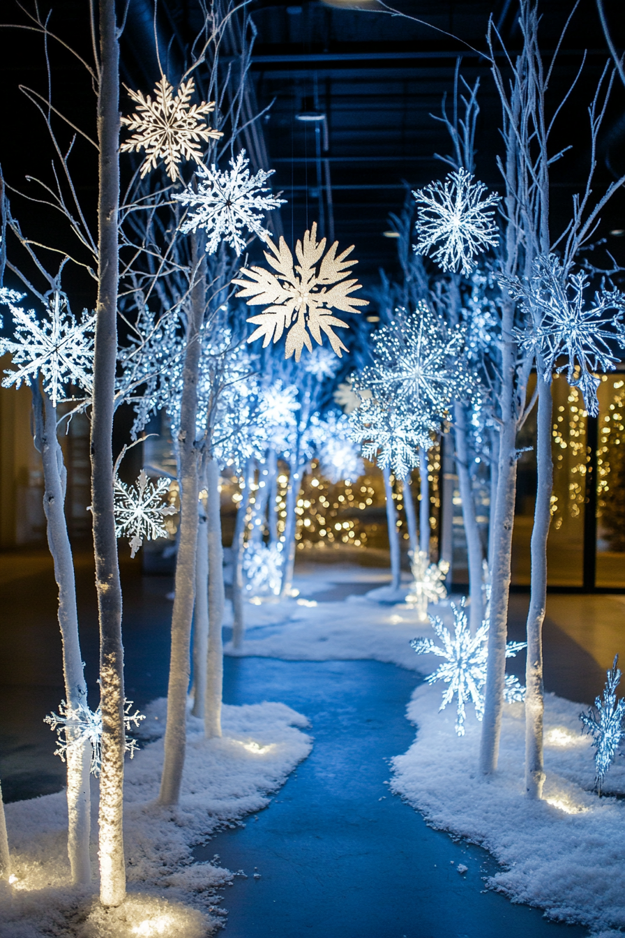 Modern Christmas décor. Wide angle view, white lights, paper snowflakes, frost-covered valley visible.