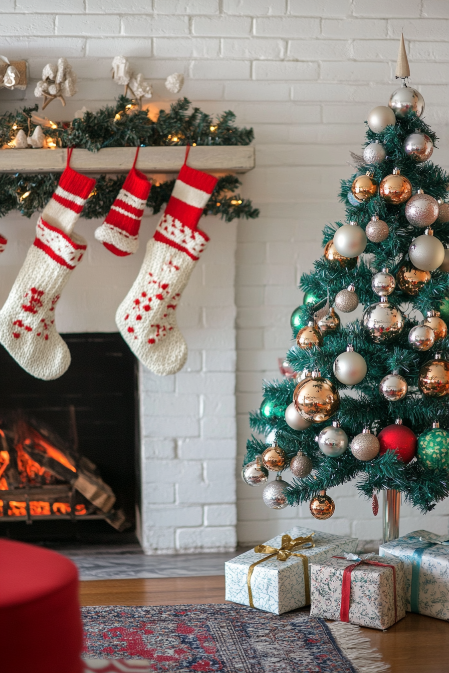 Retro holiday interior. Green aluminum tree behind snowy glass, with hand-knit stockings on mantel.