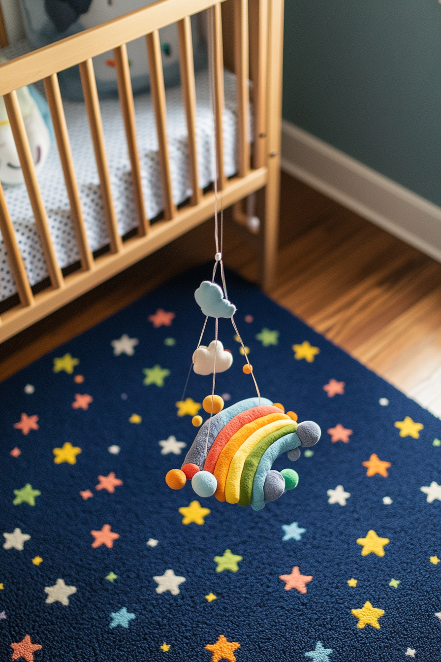 Wide angle view of baby space. Rainbow crib mobile and starry patterned blue carpet.