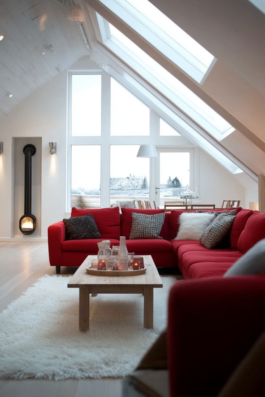 Scandinavian interior. Red furnishings, white decor, northern light view through wide-angled skylight.