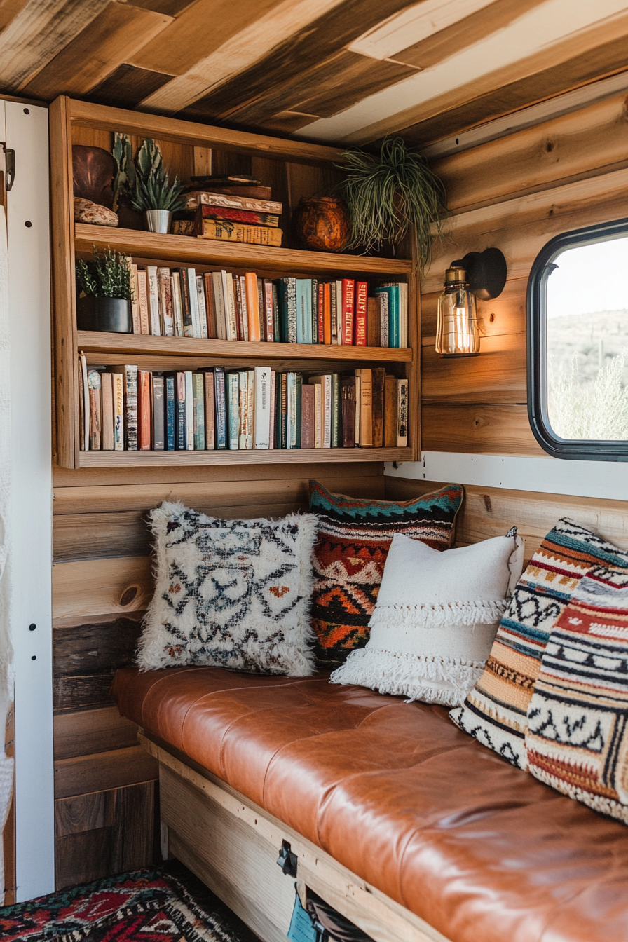 Desert-Boho Camper reading corner. Wooden finish bookshelf stacked with southwest textiles, mounted light, leather cushions.