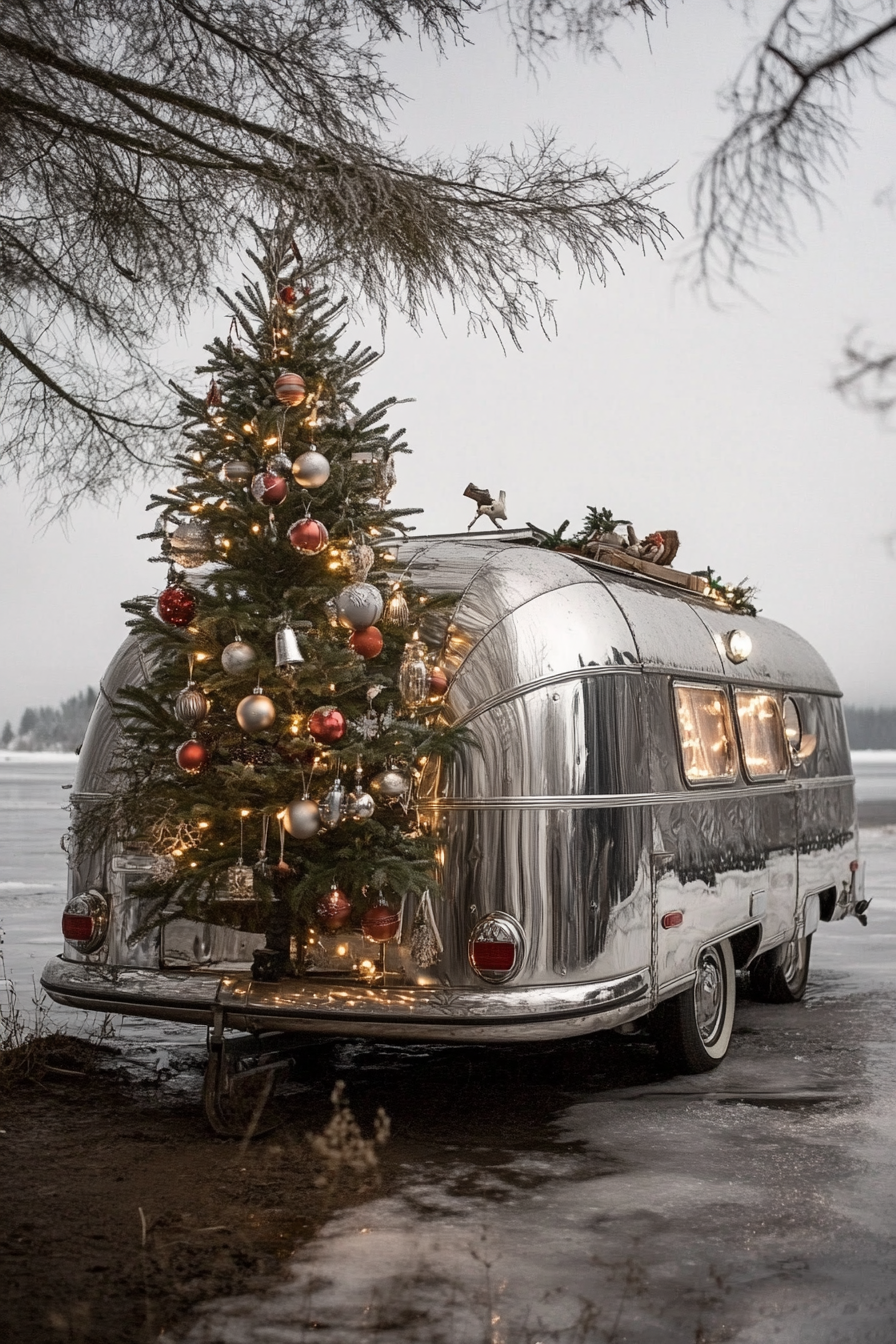 Holiday interior. Aluminum tree adorned with classic decorations, parked by icy lakeside.