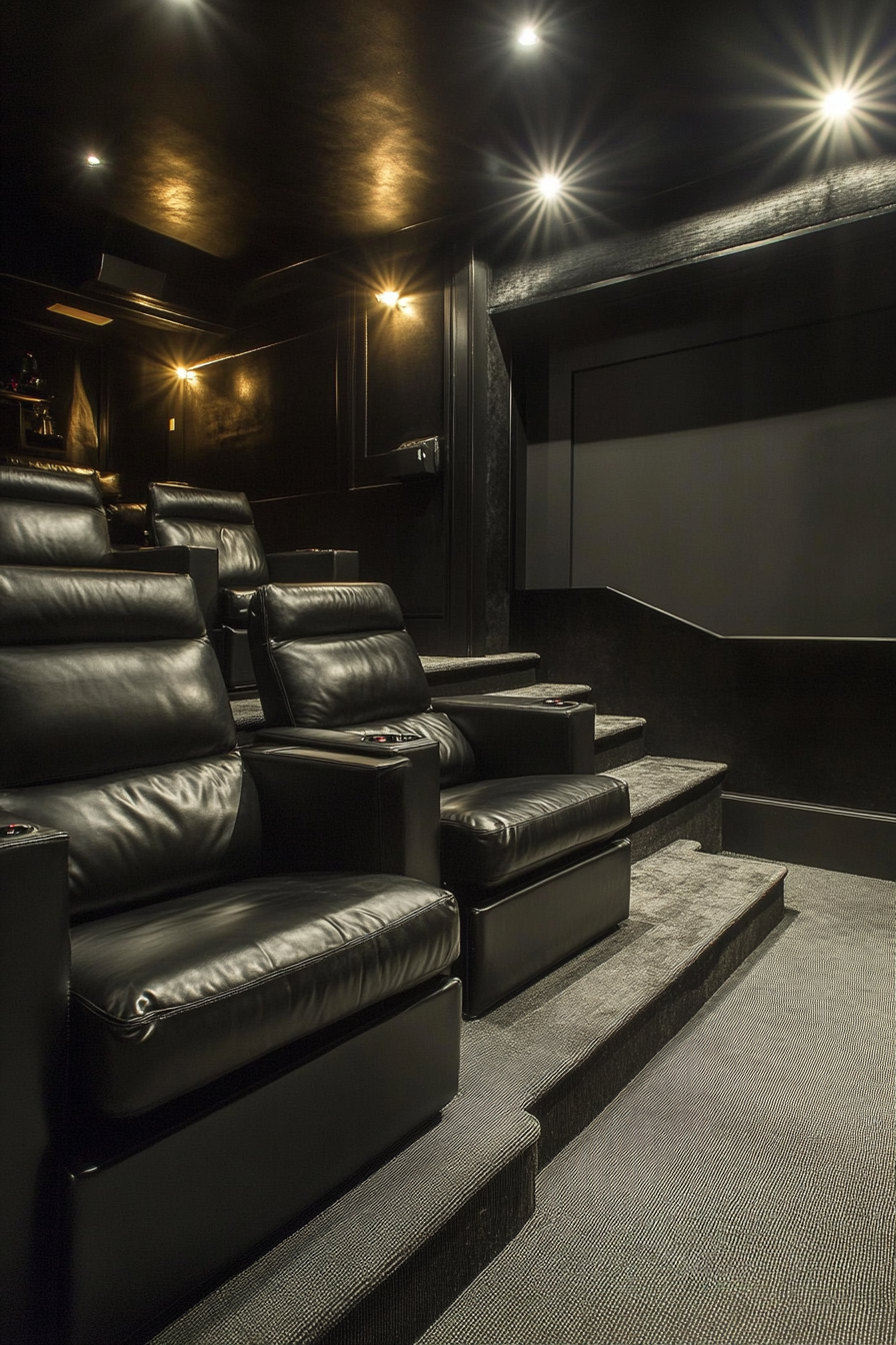 Contemporary tiny theater. Black leather tiered seating with projector wall and surround sound system.