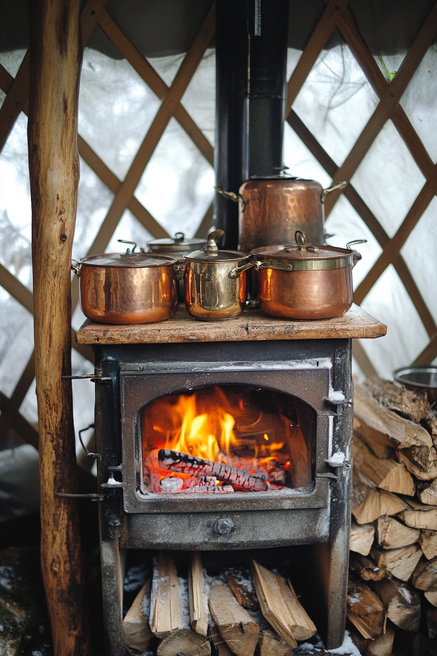 Alpine-style yurt kitchen. Wood-burning stove with a collection of vintage copper pots.