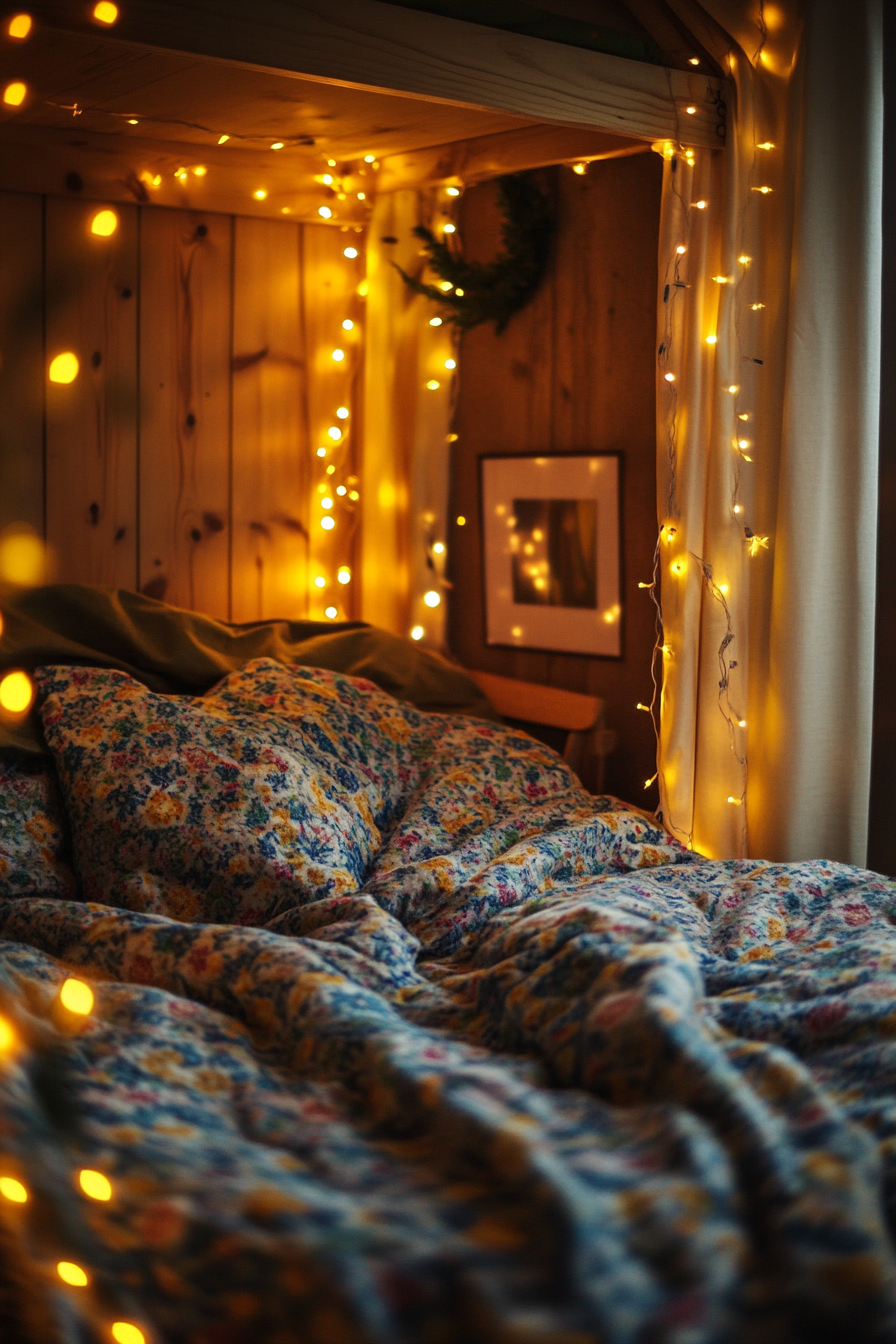 Wide angle view of festive sleeping nook. Flannel bedspread and soft yellow string lights.