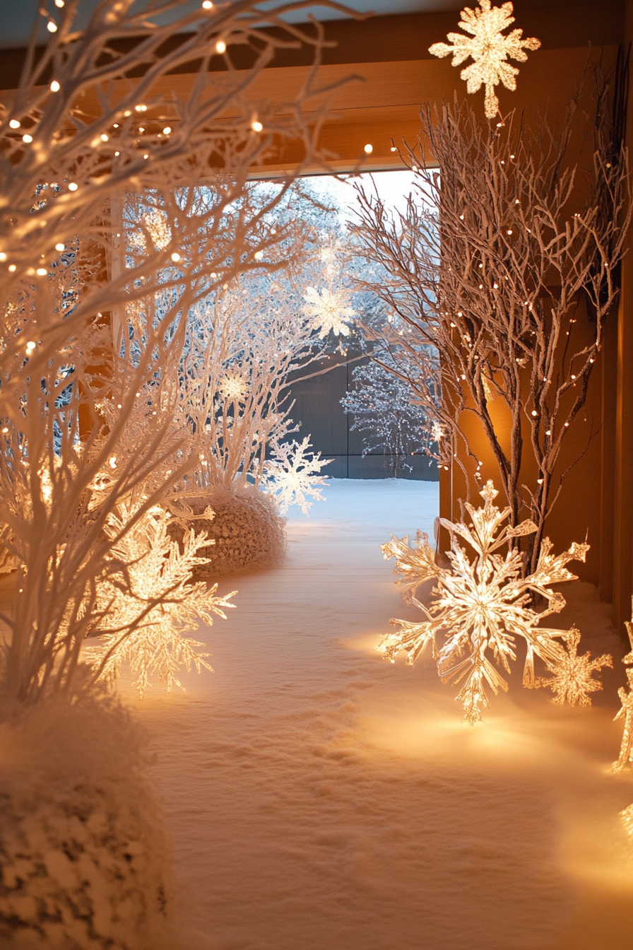 Modern Christmas decor. White lights, paper snowflakes, frosted valley view from wide-angle perspective.