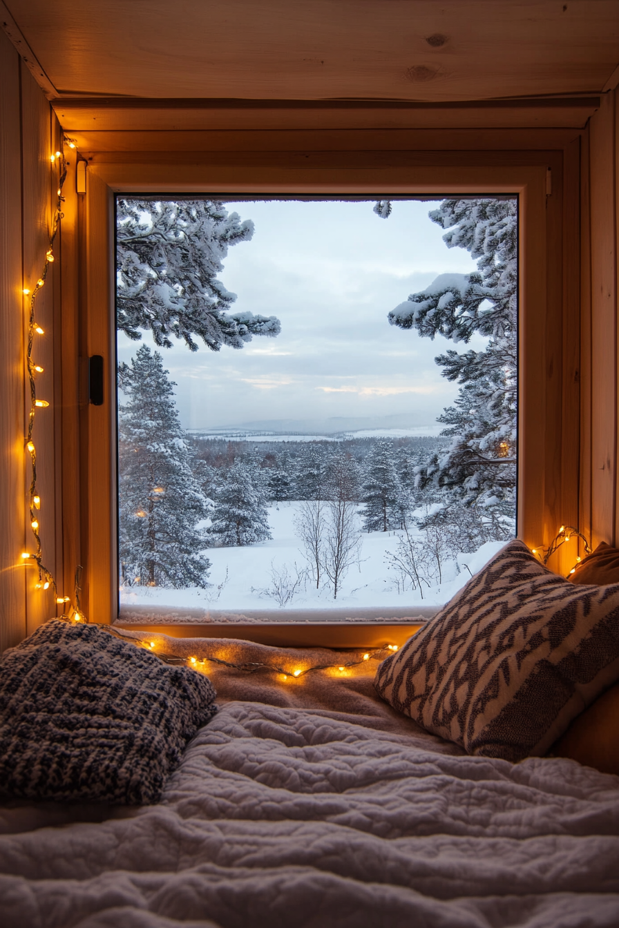 Wide angle view. Flannel bedding nook with string lights overlooking snowy landscape.