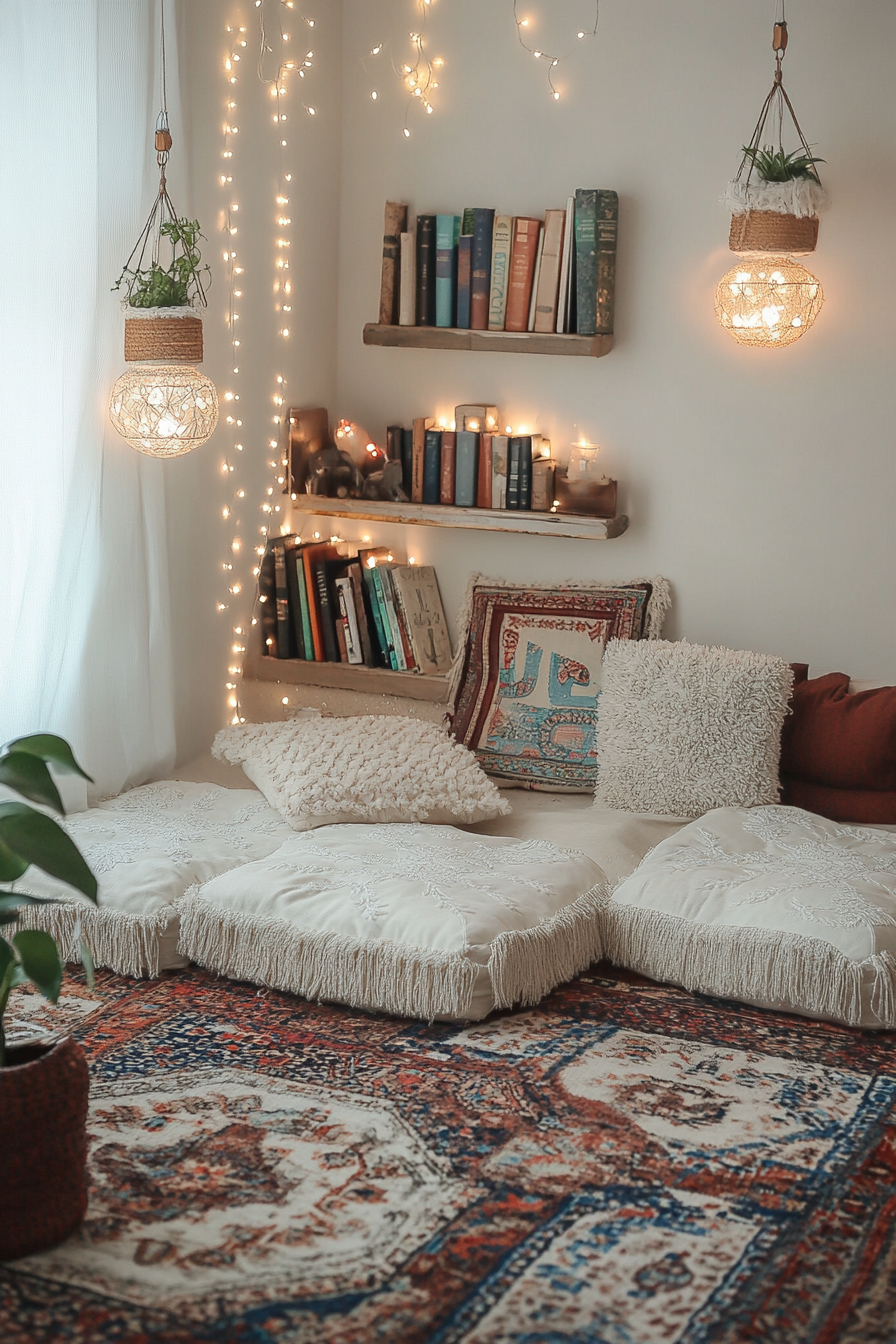 Reading corner. Fringe decorated boho floor cushions with yoakum distressed rug and hanging book lights.