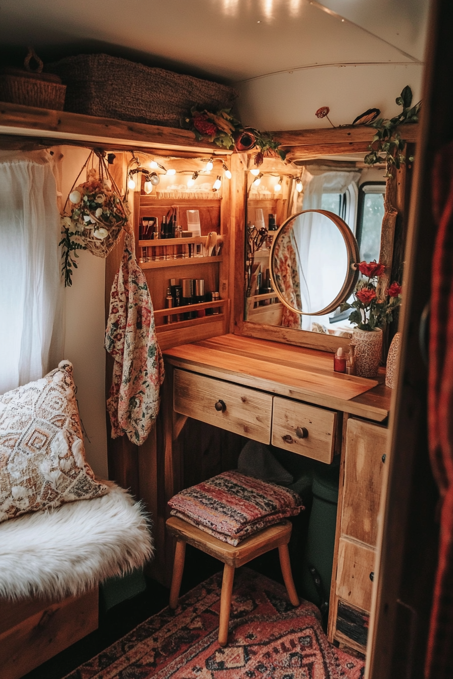 Bohemian van vanity. Wooden makeup storage, multi-levelled ring light, antique folding mirror.