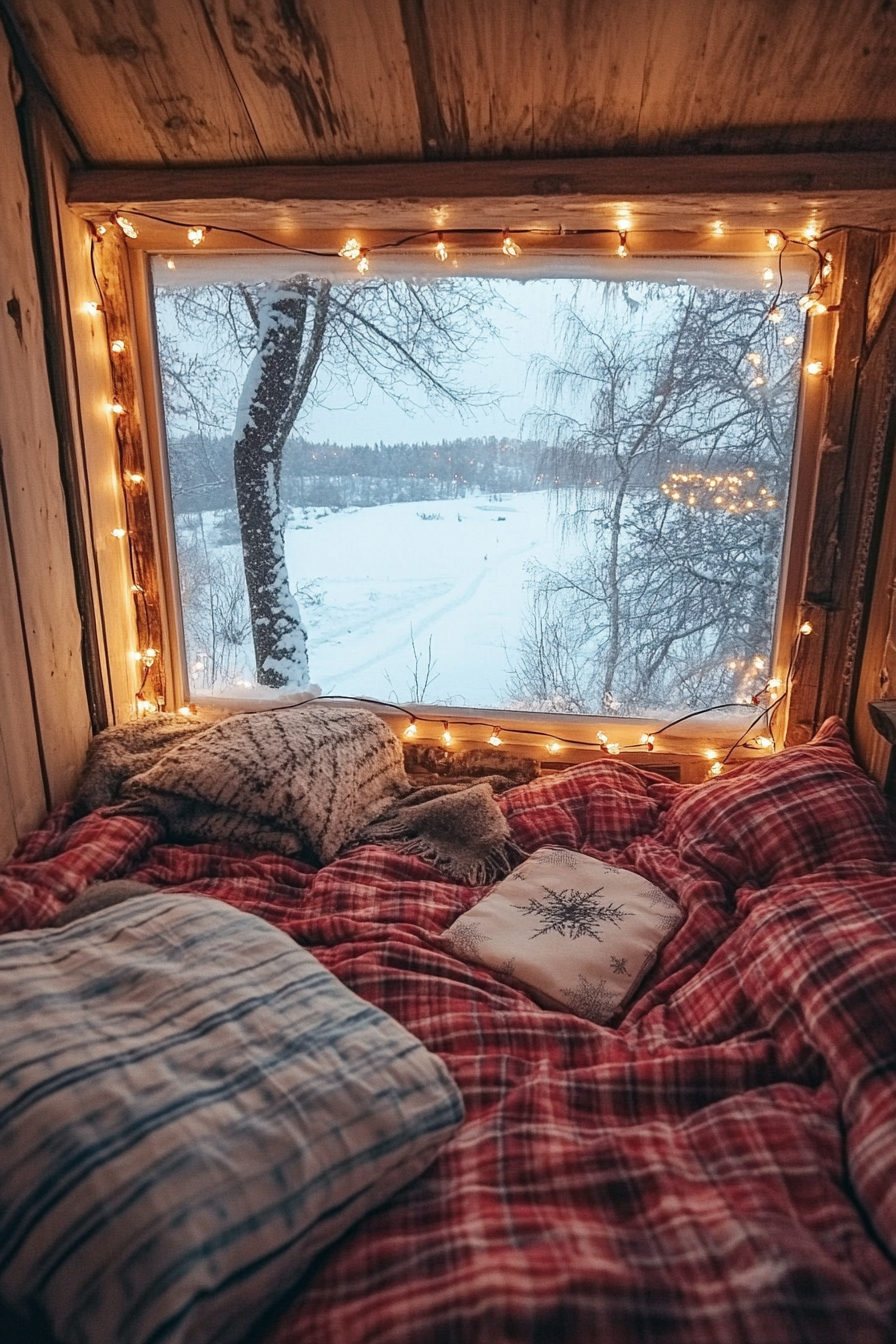 Wide-angle view. Flannel bedding with string lights, overlooking snowy landscape.