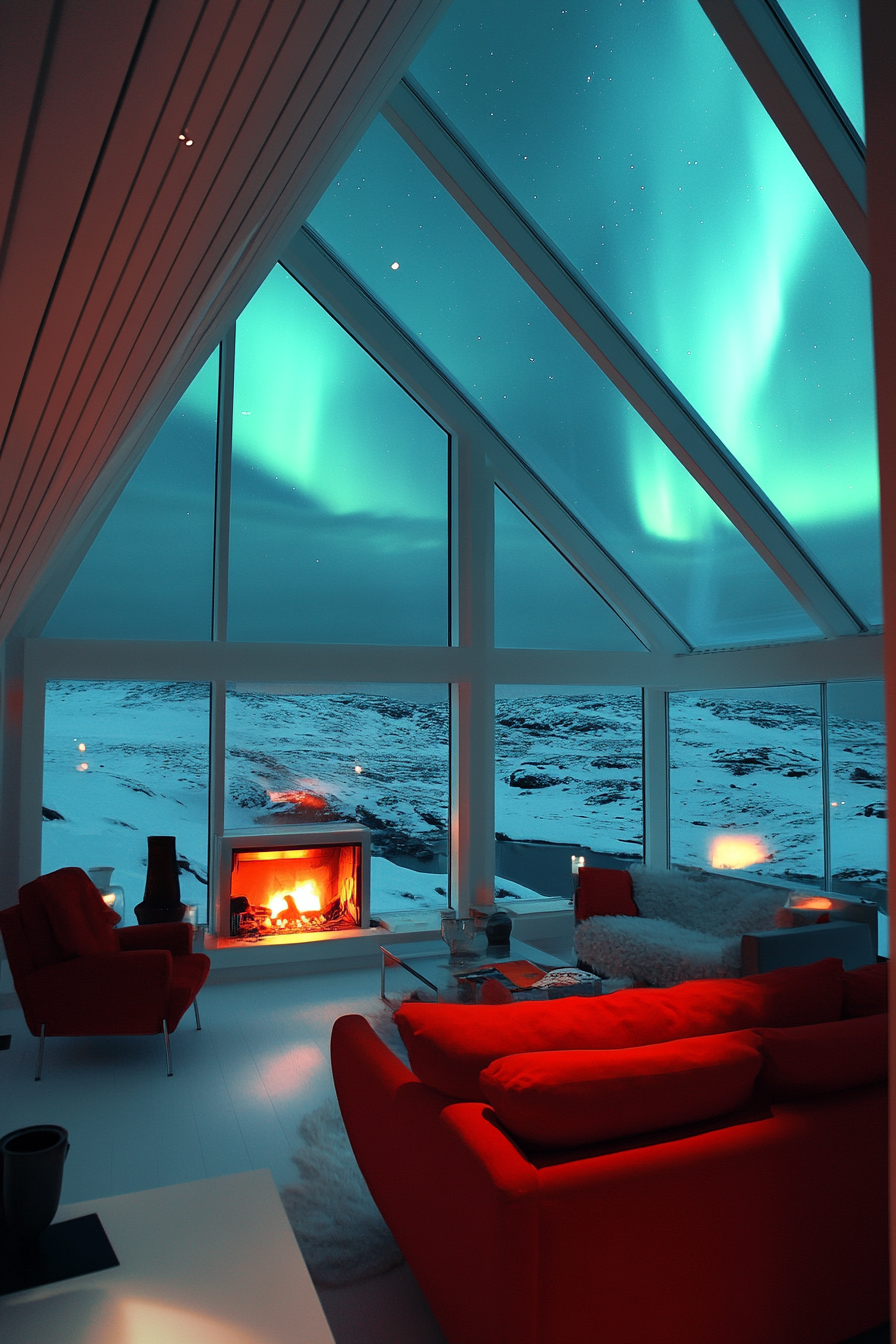 Scandinavian-inspired space. Red white furniture, northern lights through skylight, wide angle view.