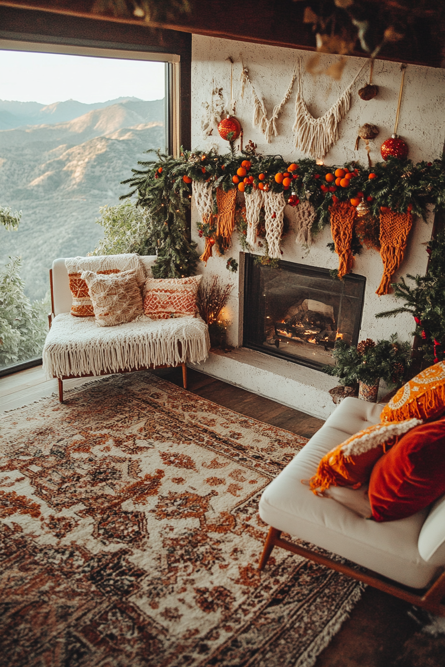 Eclectic holiday space. Wide angle, macramé stockings, dried orange garlands, mountain sunset.