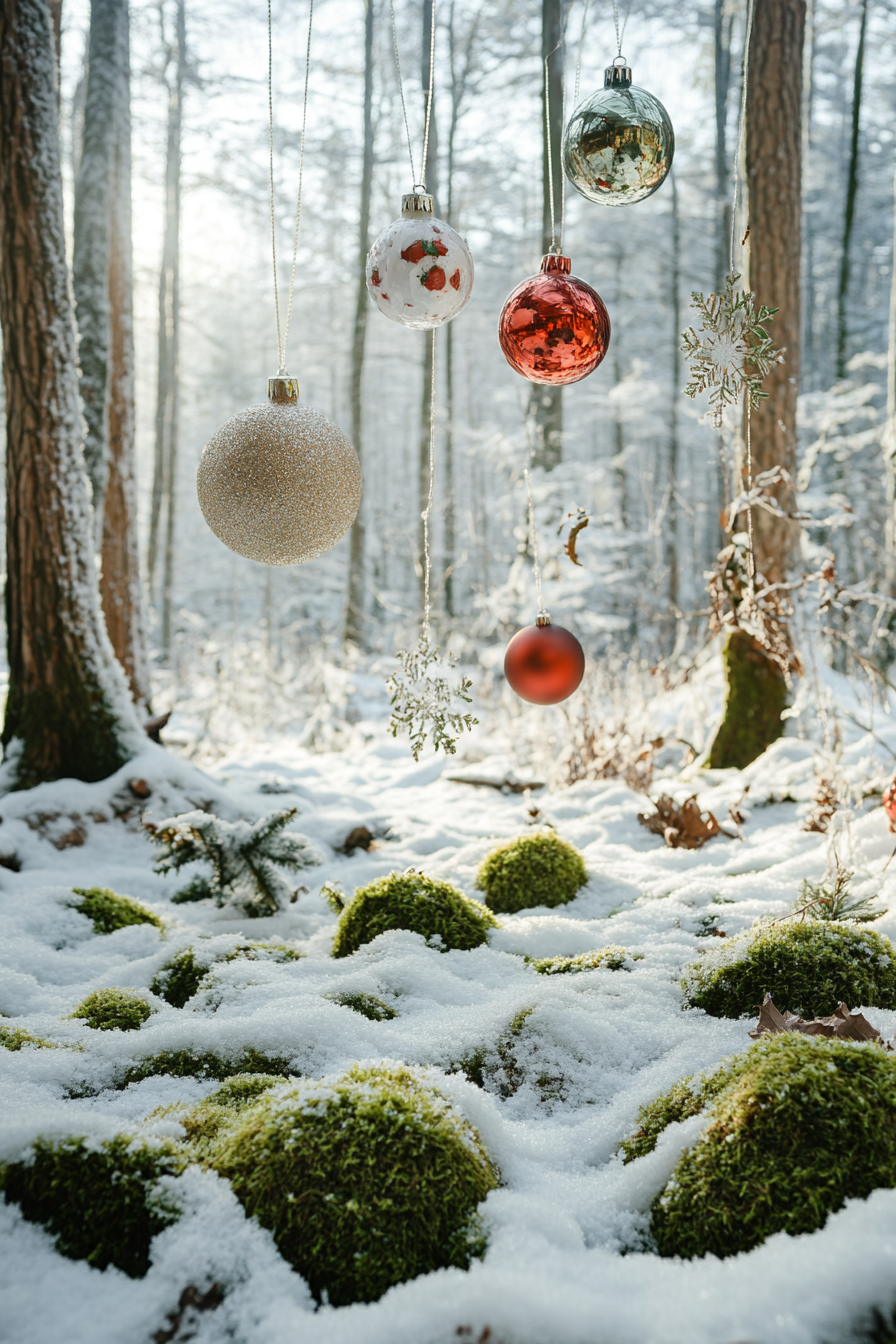 Wide angle view. Snowy woodland space with moss details and whimsical holiday decorations.