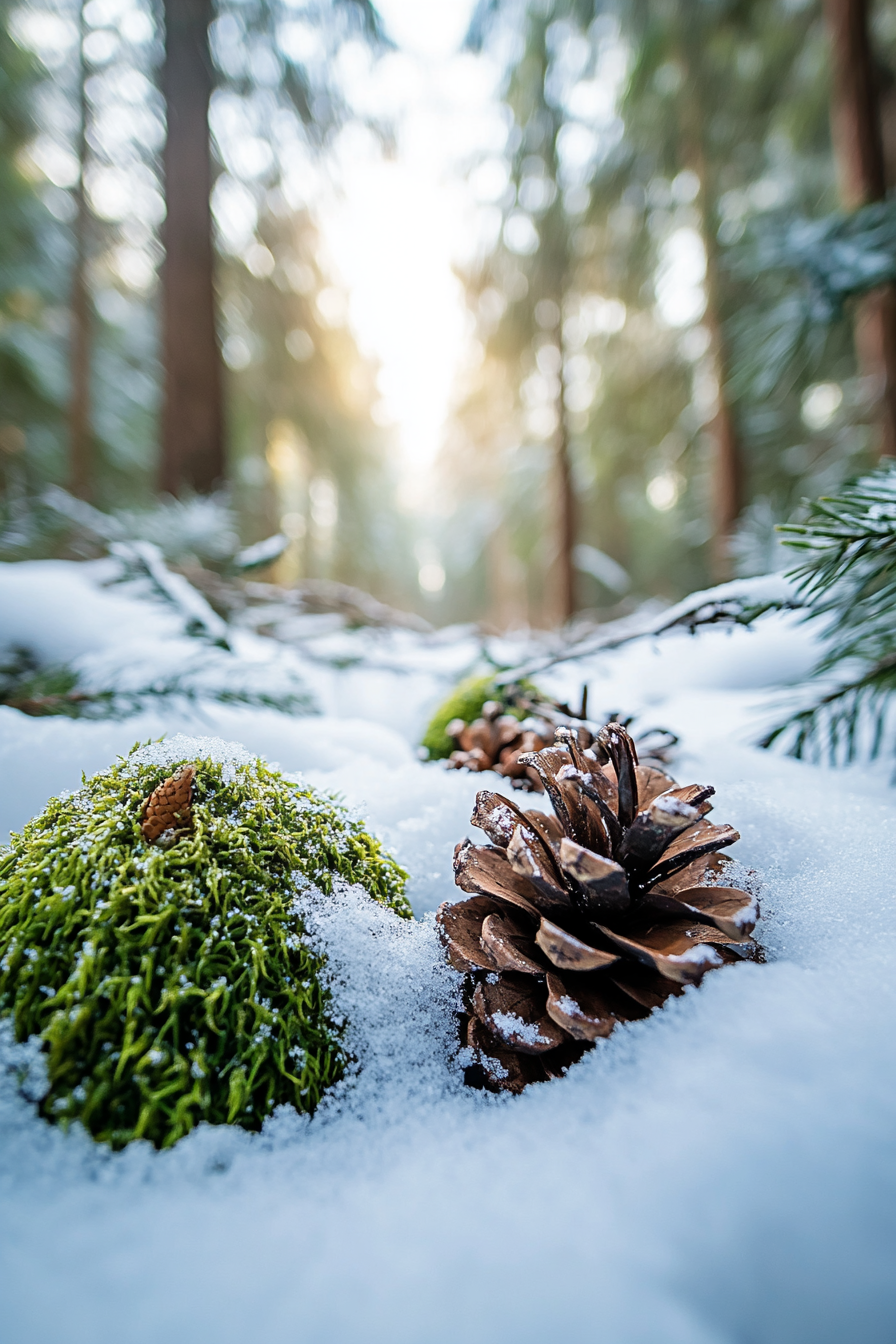 Wide-angle holiday scape. Woodland ornaments, moss details on fresh snow, circled by pine trees.