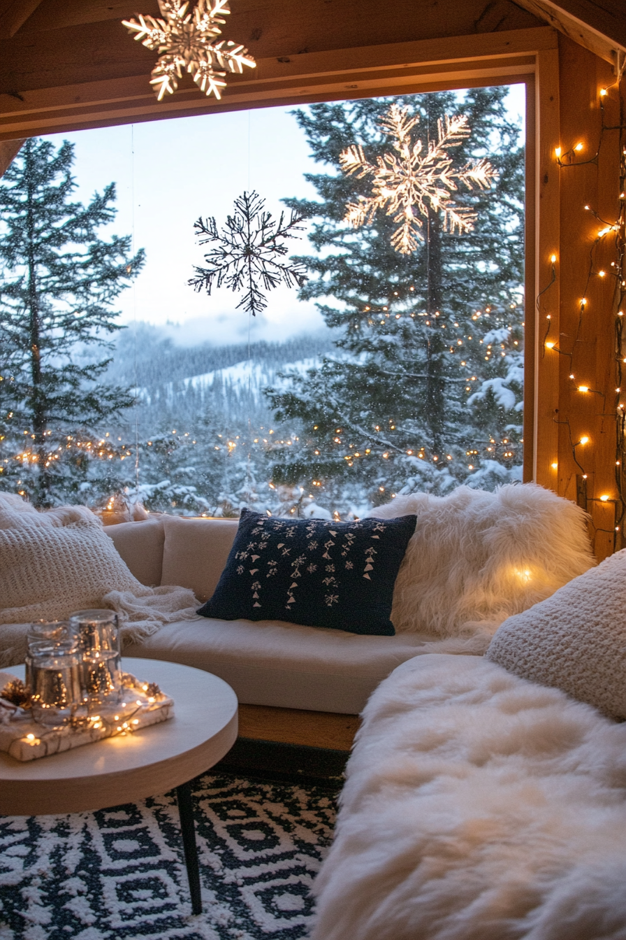 Modern Christmas decor. White lights, paper snowflakes, wide-angle view of frost-covered valley.