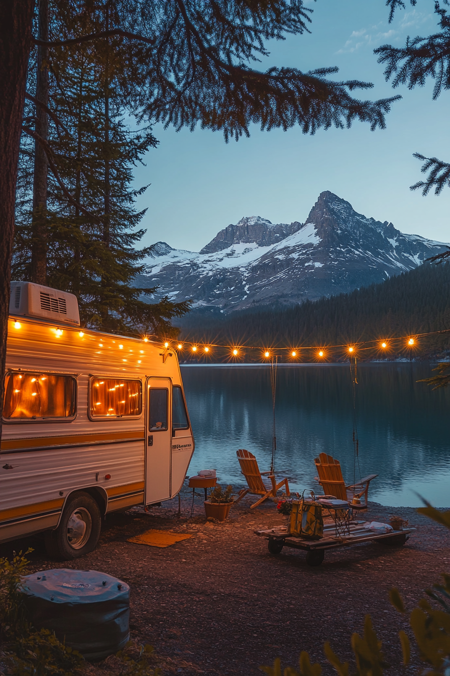 Wide angle, retro-styled RV with metal gliders and string lights by a crystal-clear mountain lake.