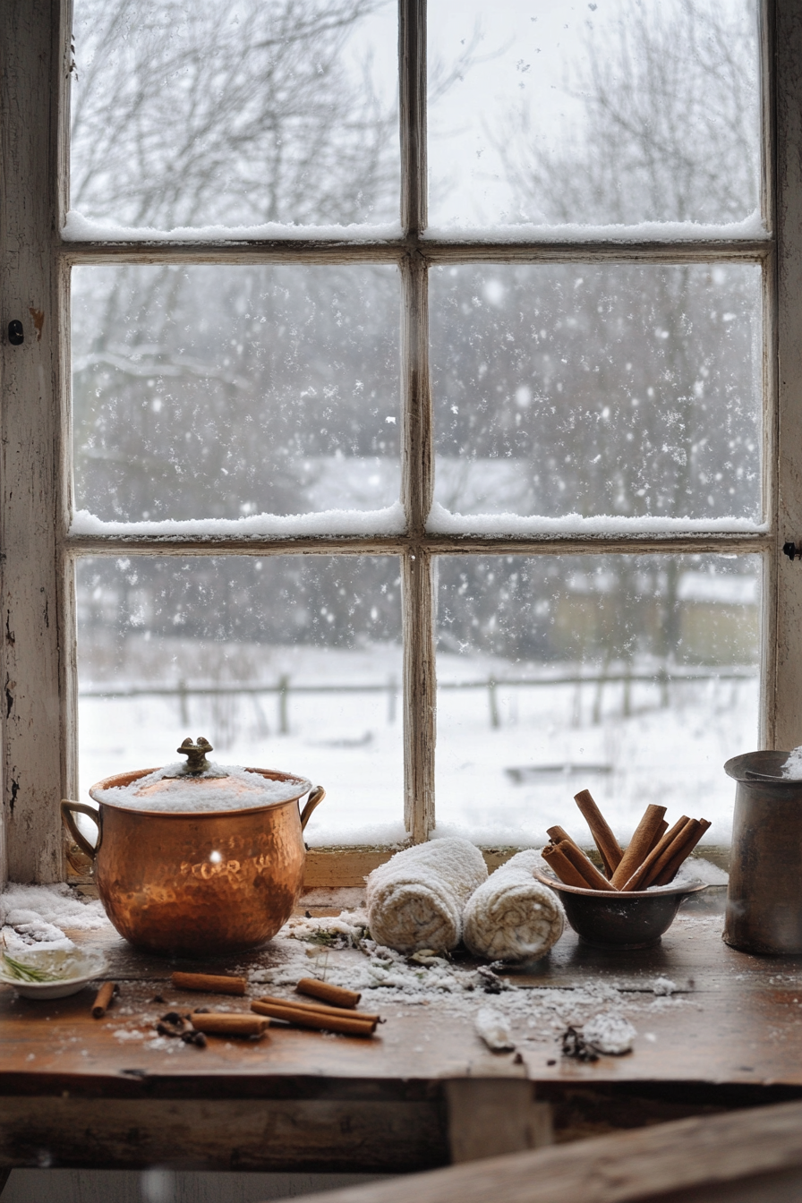 Wide angle view. Copper pots, cinnamon bundles on old wooden table, falling snow outside fogged up windows.