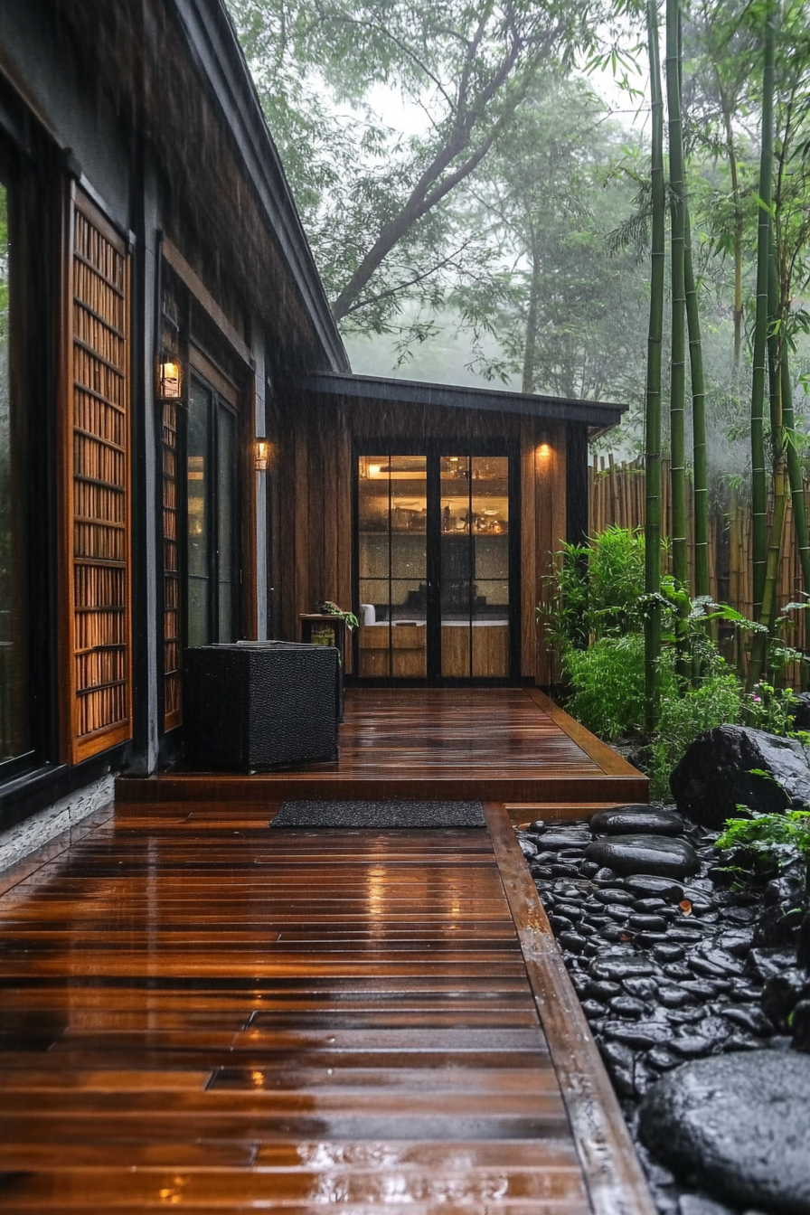 Wide angle view. Minimalist tiny house deck, bamboo screens, rock garden, misty bamboo forest.