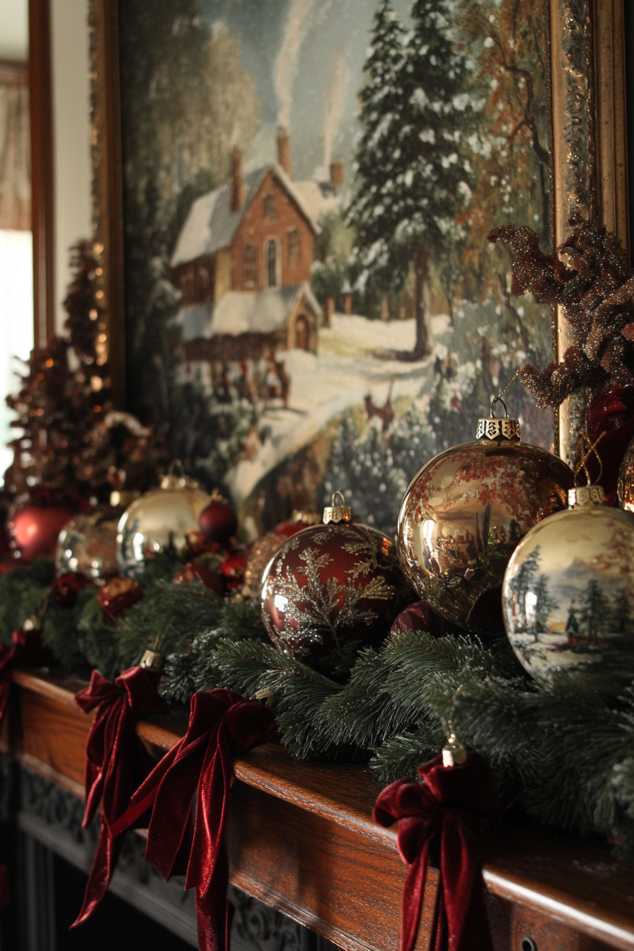 Christmas interior. Vintage ornaments, velvet ribbons on mahogany mantel, snow-covered village backdrop.