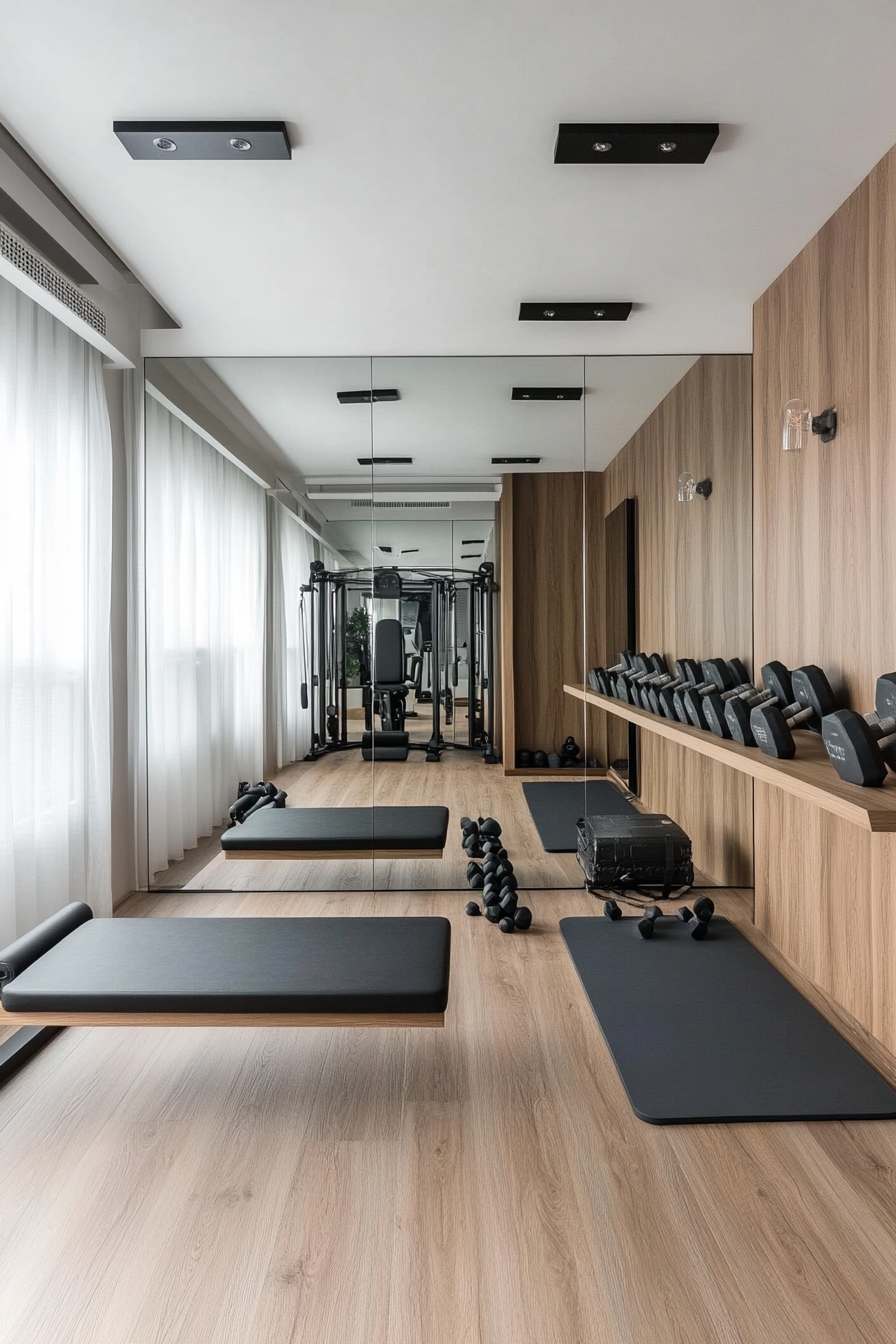 Contemporary tiny gym. Wall-sized mirror, minus bench with hidden dumbbells, yoga mat corner.