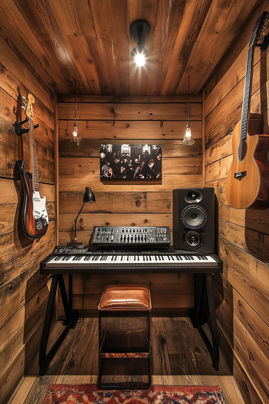 Tiny music room. Wood-paneled soundproof walls with mounted keyboard and guitar.