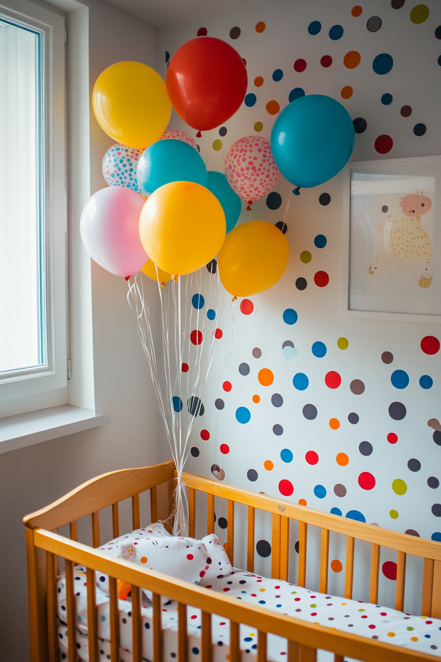 Wide-angle view. Baby space decorated with spectrum balloons and polka dot wallpaper.