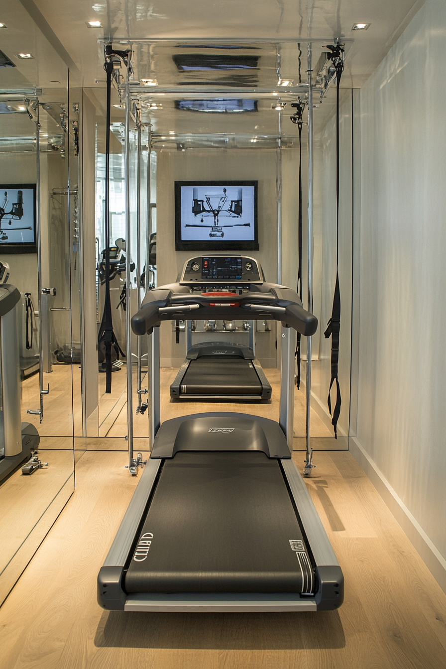 Contemporary tiny gym. Treadmill, mirrored wall, suspended rower storage.