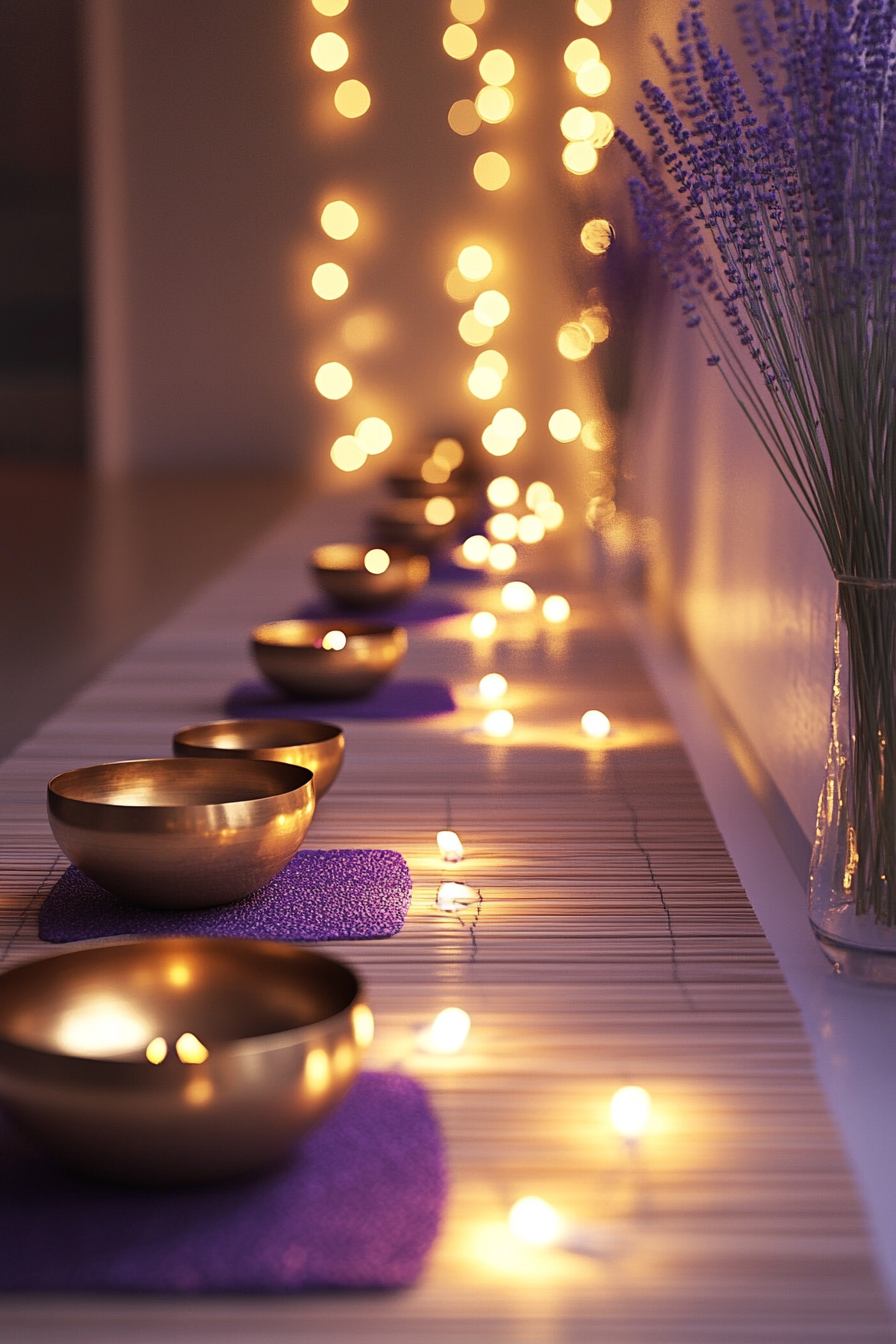 ZenStyle Van Meditation Room. Illuminated bamboo mat with lavender incense, golden singing bowls.