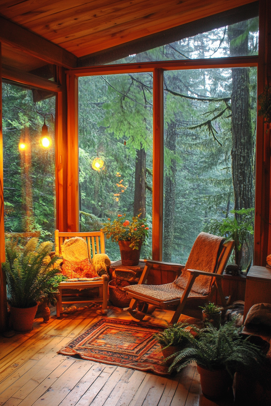 Van Lounge. Pine paneling, camp chairs, potted ferns, panoramic forest window view.