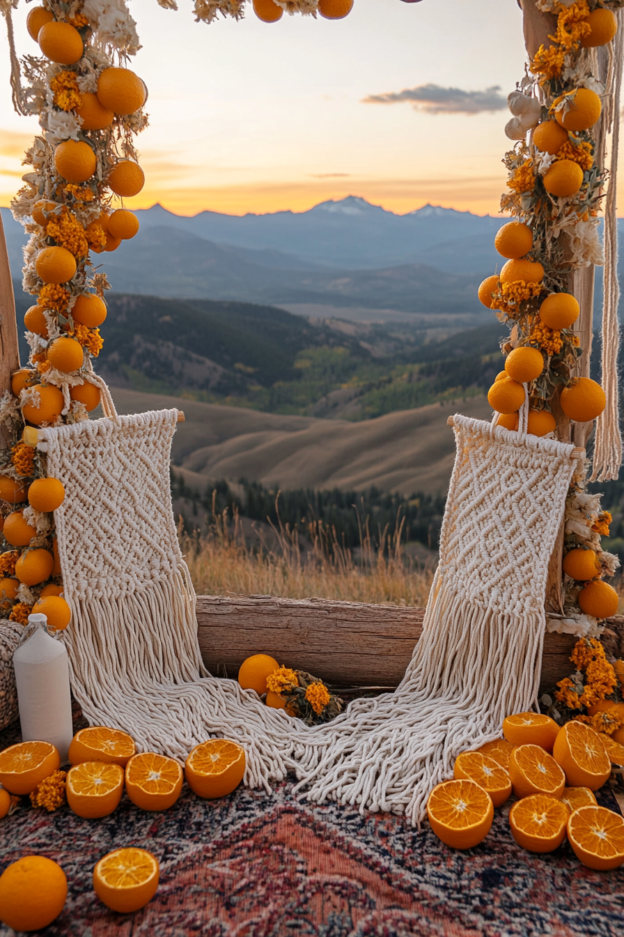 Holiday space, macramé stockings, dried orange garlands, mountain sunset view in a wide-angle.