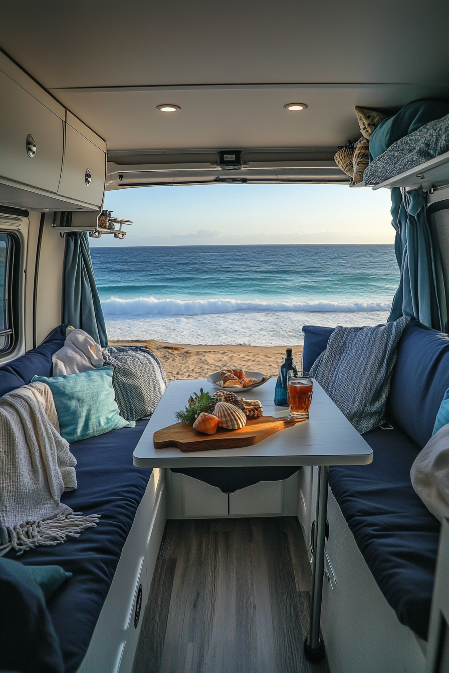 Van dining area. Navy cushions, white fold-out table, seashell decor, panoramic ocean view.