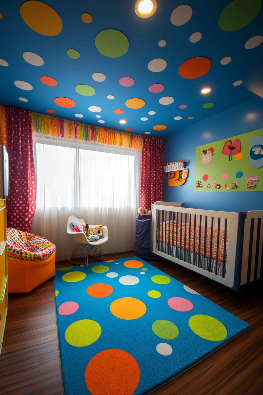 Wide angle view. Vibrant baby space with polka dot pattern.