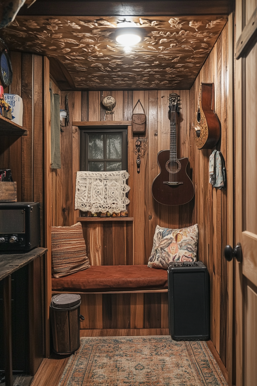 Tiny music room. Oak walls with leaf-patterned sound proofing and elaborate wall-mounted guitar stand.