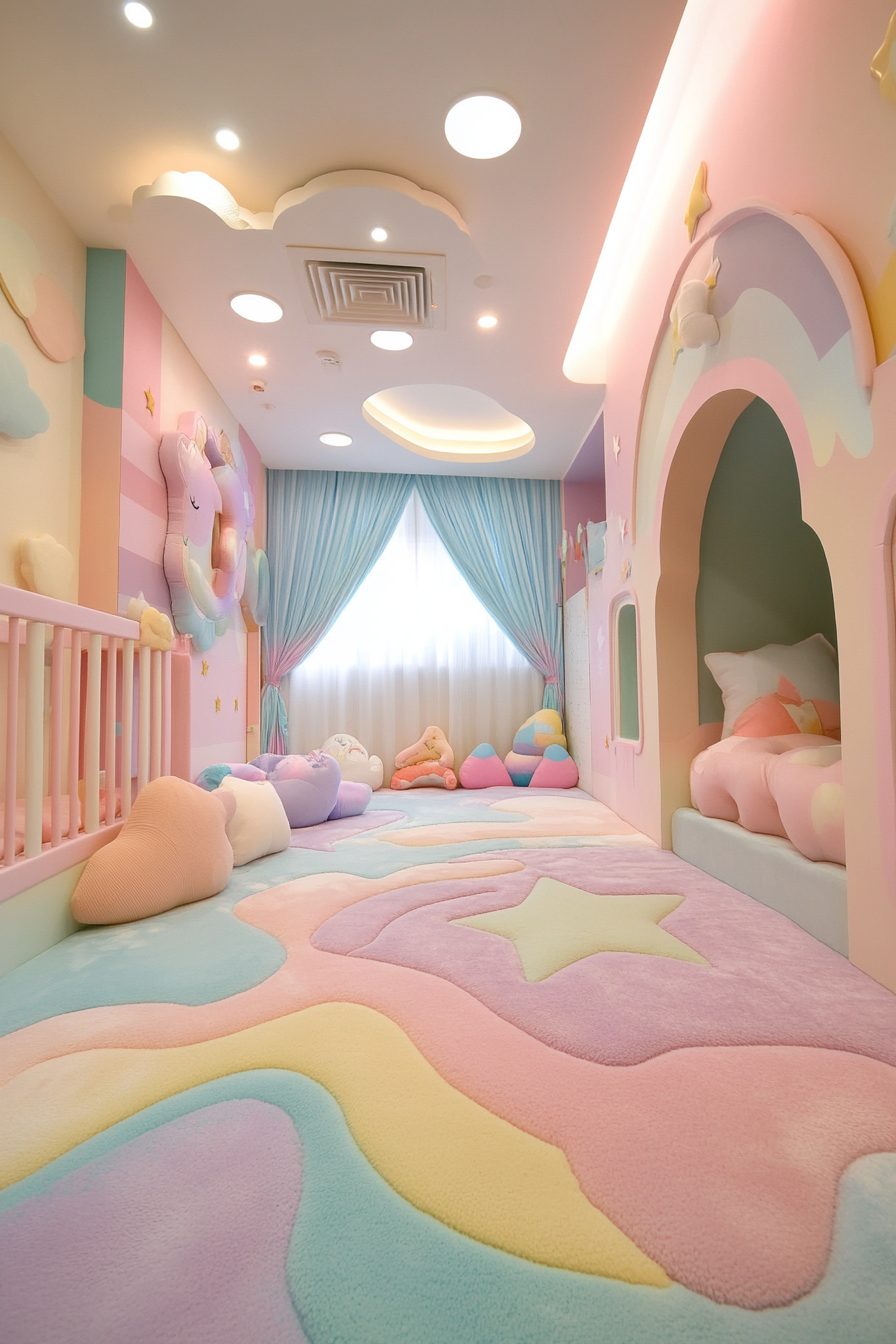 Wide angle view of baby space. Pastel colors with playful star patterns.