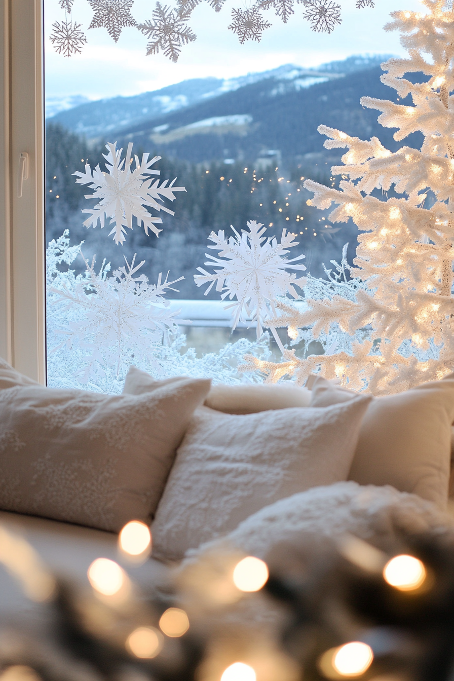 Modern Christmas decor view. White lights, paper snowflakes, overlooking frost-covered valley.