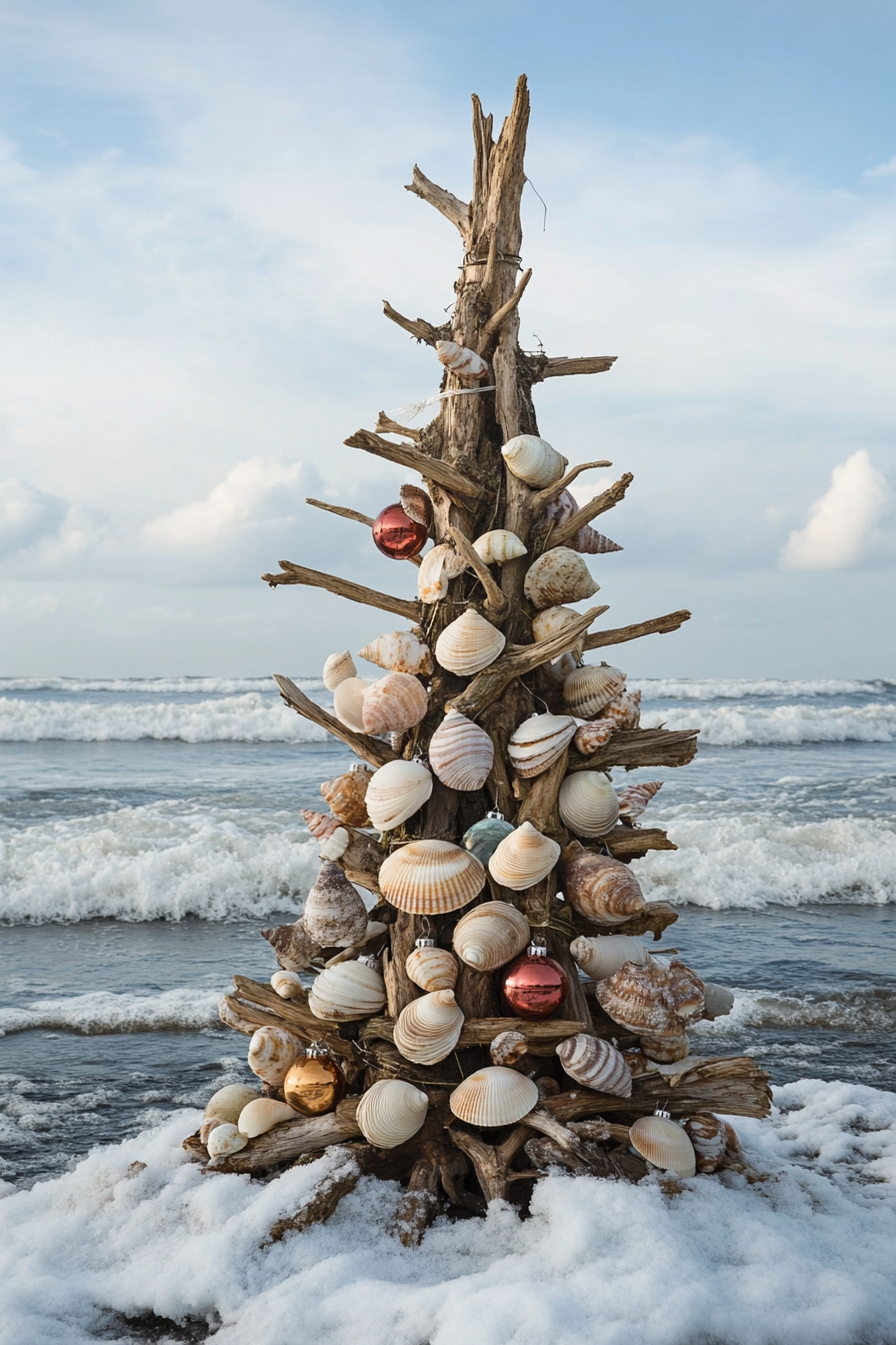 Holiday décor. Driftwood tree populated with shell ornaments against a backdrop of winter waves.