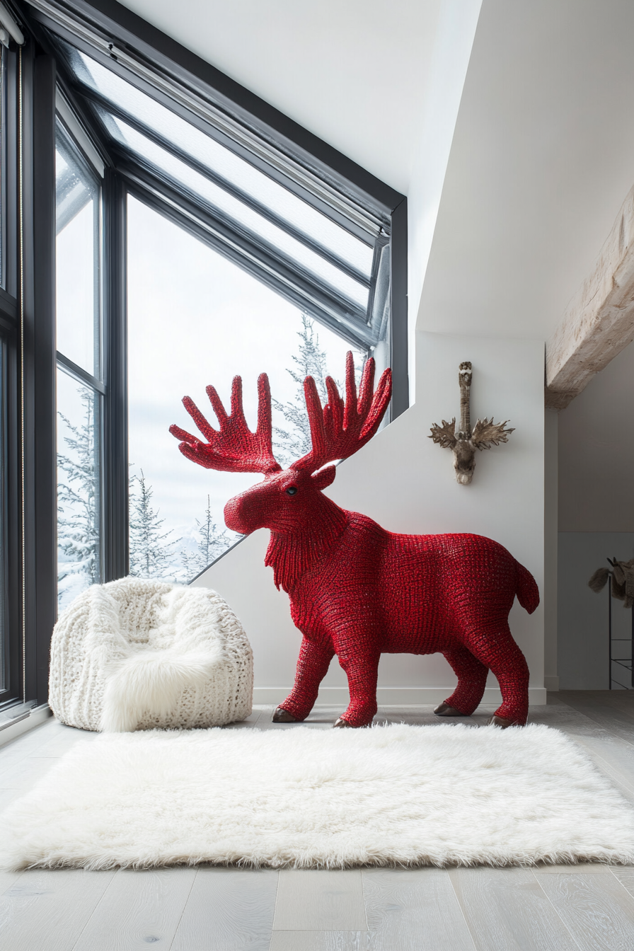 Scandinavian-inspired space. Red Moose sculpture, white afghan, skylight northern lights view.