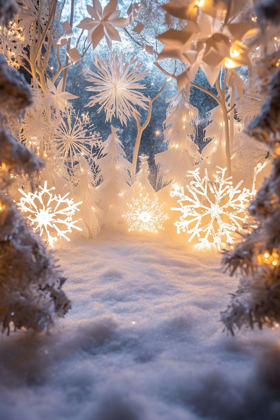 Wide angle Christmas decor view. Frosty valley underneath white fairy lights and paper snowflakes.