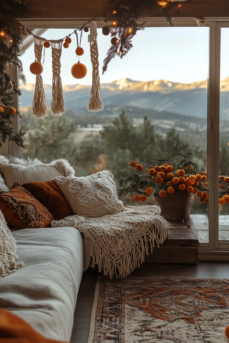 Eclectic holiday space. Macrame stockings, dried orange garlands, mountain sunset view.