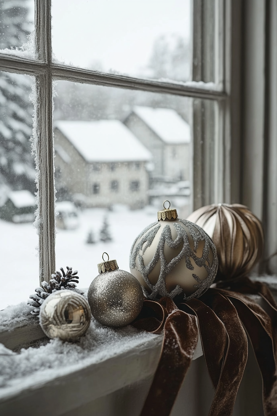 Elegant Christmas interior. wide-angle shot, vintage ornaments, velvet ribbons, snow-covered village backdrop.