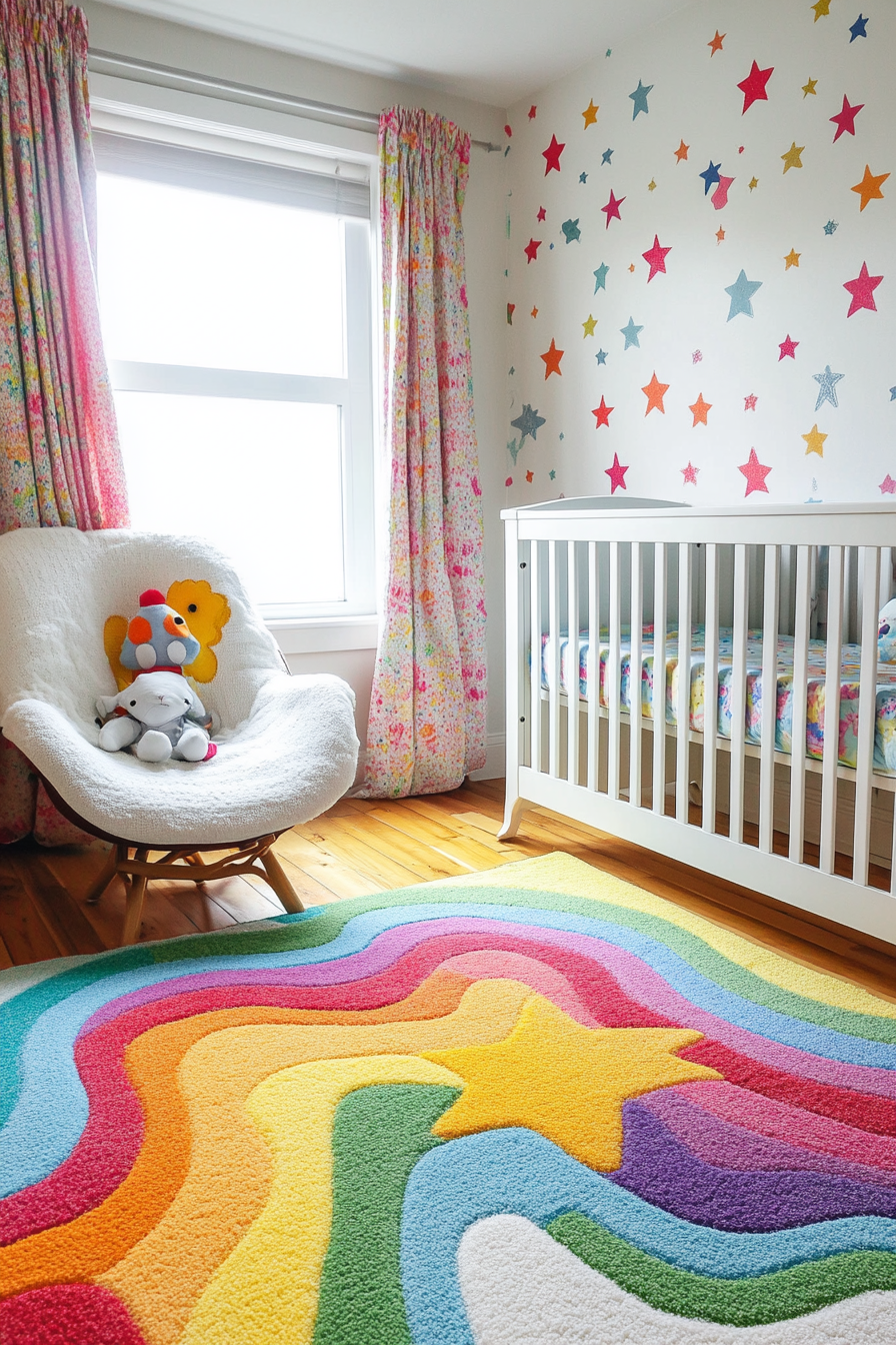 Wide angle view. Cheerful baby space. Rainbow-colored rug with star-patterned wallpaper.