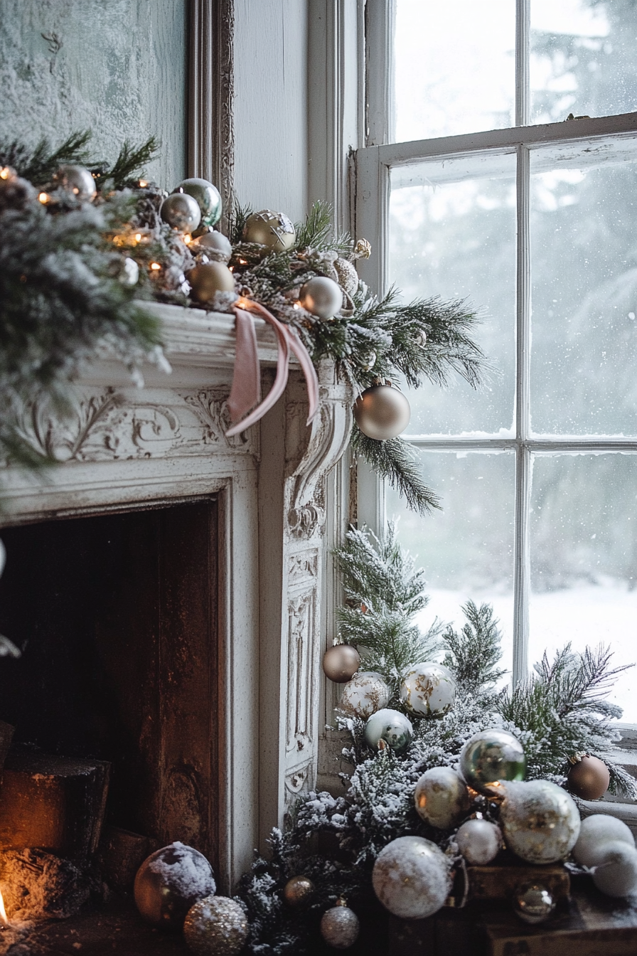 Christmas interior. Fireplace adorned with vintage ornaments and velvet ribbon under a snow-laden window.