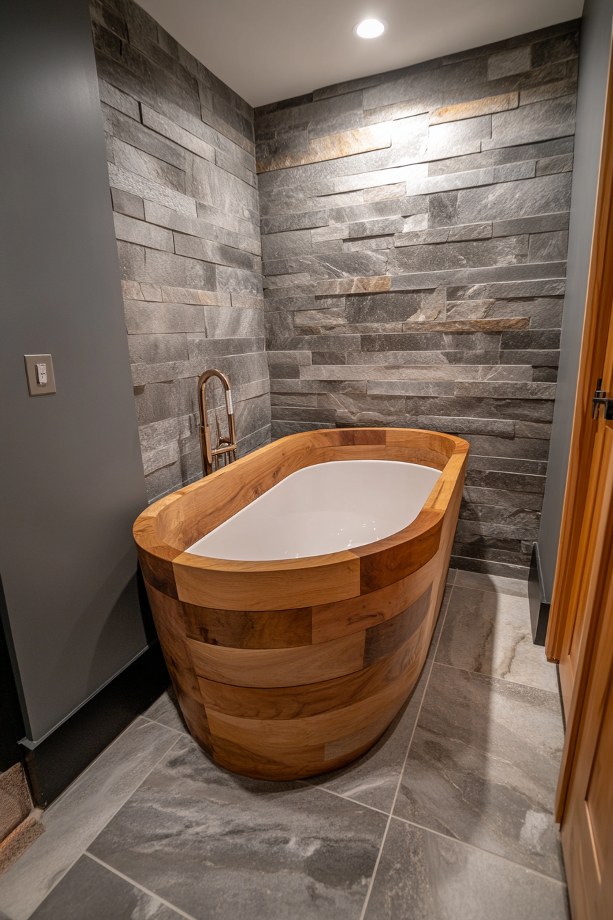 Natural tiny house bathroom. Wooden soaking tub, grey stone wall, marble floor. Wide-angle view.