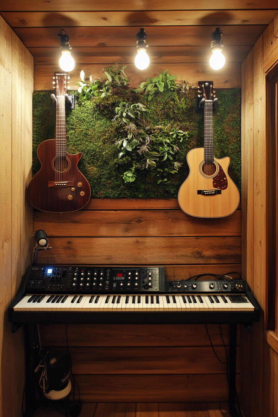 Tiny music room. Oak walls, wall-mounted guitar, keyboard mount and moss-covered soundproofing.