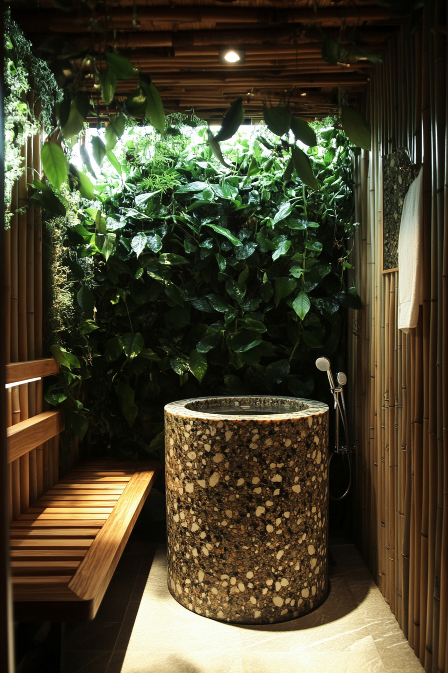 Tiny bathhouse. Cylindrical stone soaking tub, bamboo plant wall, polished wood meditation bench.