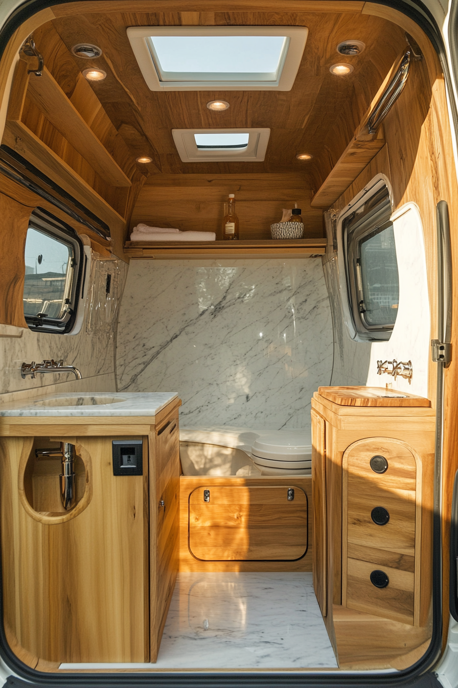 Contemporary camper bathroom. Marble tiles, back-lit mirror, wood-paneled smart toilet, ceiling-mounted rainfall shower, hidden storage.