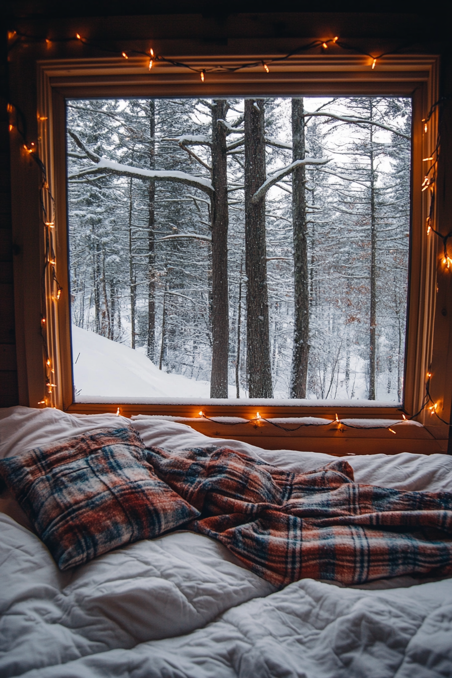 Wide angle view. Flannel bedding, string lights, snow-laden pine trees outside window.