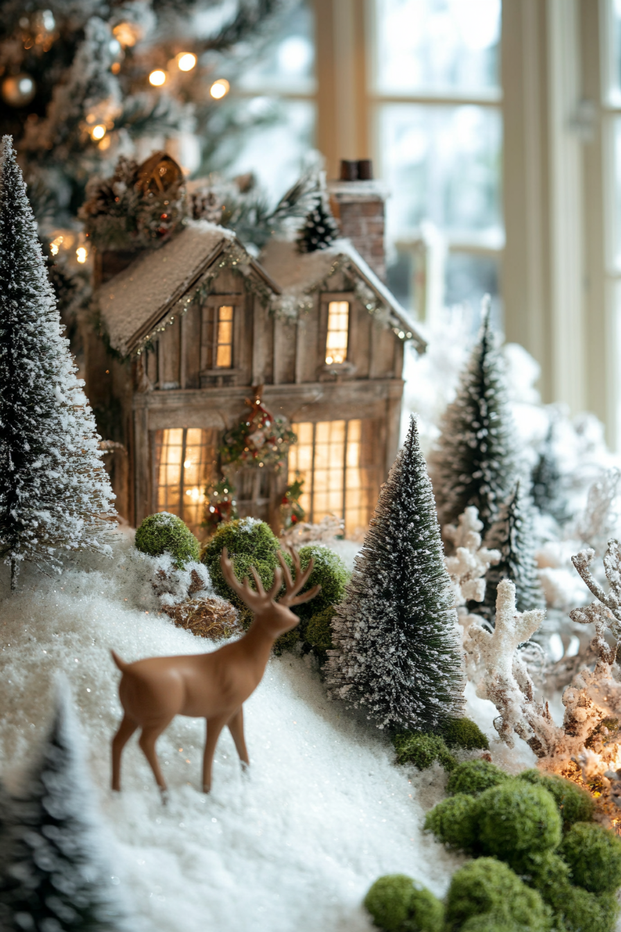 Wide angle view. Snowy pines, woodland decorations, moss details in whimsical holiday space.